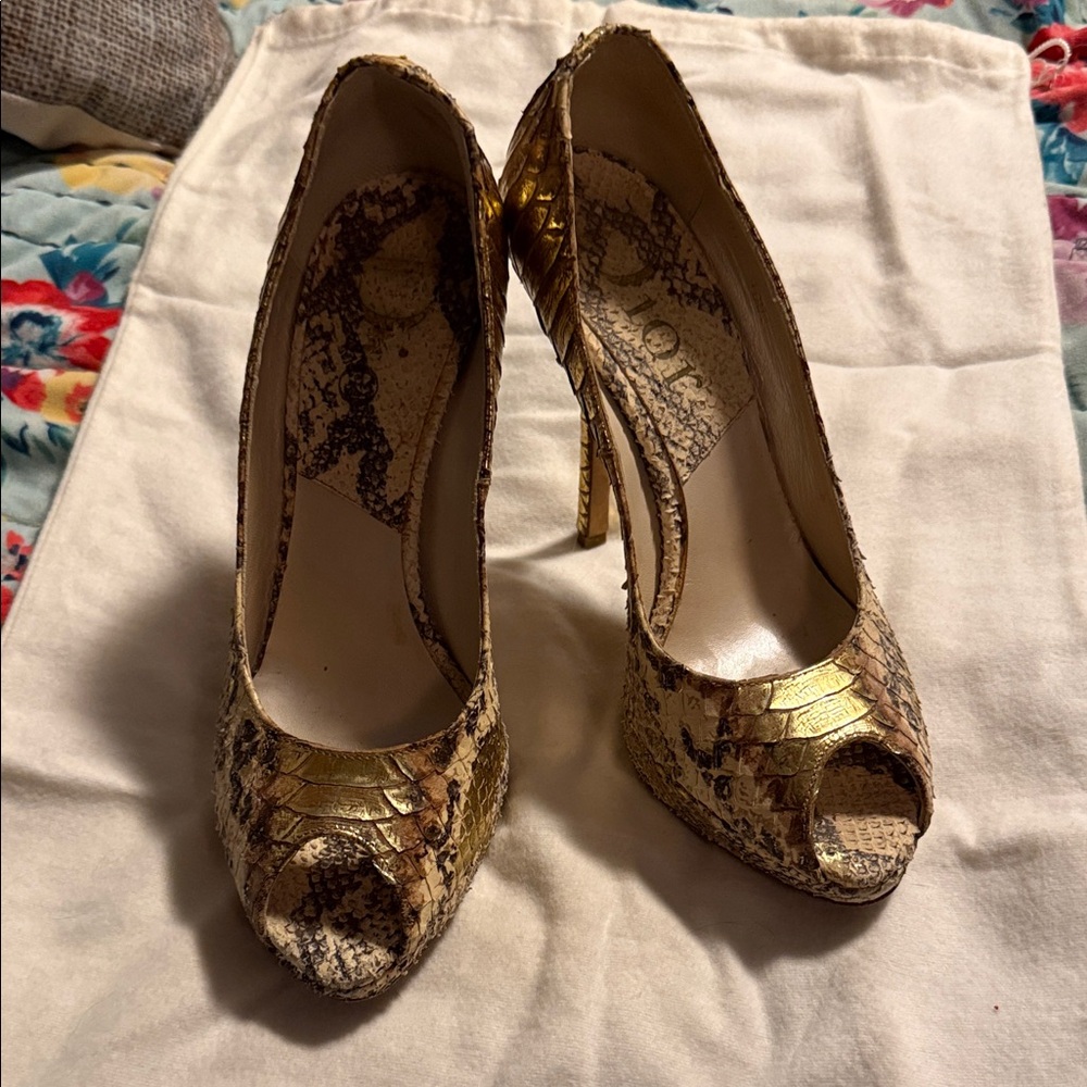 Dior Brown and Gold Snakeskin Heels